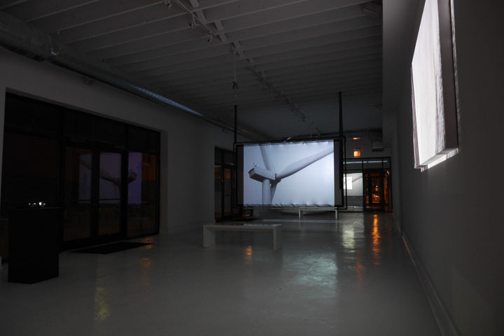 Nacelle: a video art exhibition by Marco G. Ferrari, Blanc Gallery, Chicago, IL, February 28–May 1, 2015. View of Nacelle, 2013–15 (left) & D(z)iga, 2012 (right).