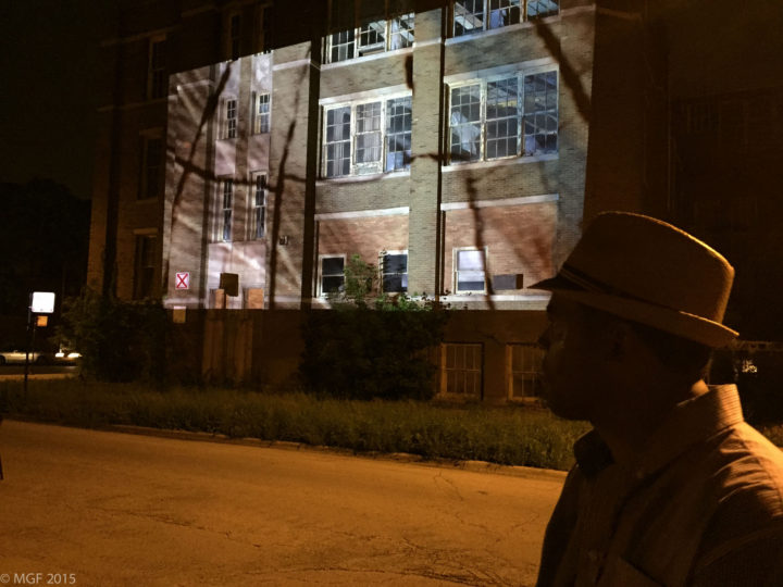 Surfaces: An Outdoor Video Projection, Saint Laurence School building, Grand Crossing, Chicago, IL, USA, June 21, 2015.