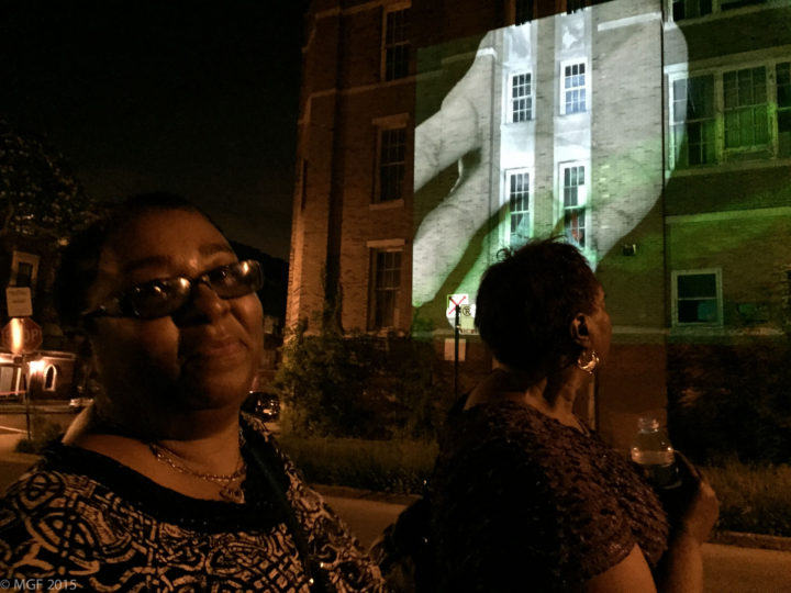 Surfaces: An Outdoor Video Projection, Saint Laurence School building, Grand Crossing, Chicago, IL, USA, June 21, 2015.