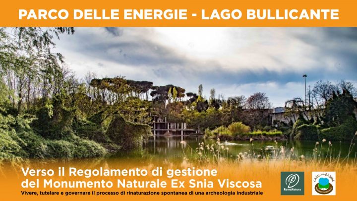 verso-il-regolamento-di-gestione-del-monumento-naturale-ex-snia-viscosa_parco-delle-energie-lago-bullicante-rome-italy_10-14-2021_online-conference_curated-by-forum-parco-energie_poster