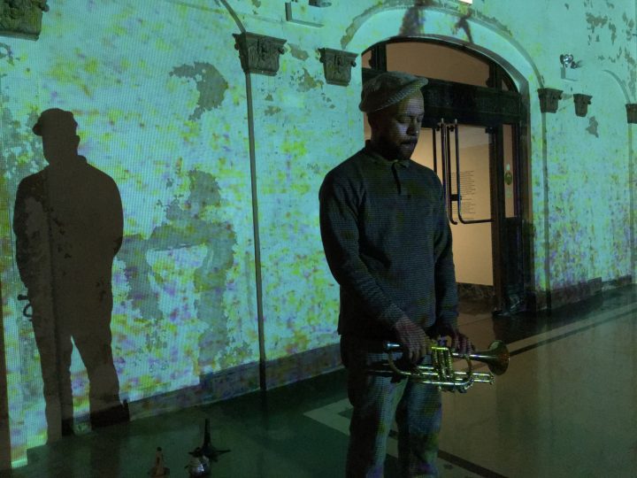 “The Sync; The Bridge #5”, May 5, 2016, with Hélary (flutes, effects, voice), Lonberg-Holm (cello, effects), Risser (piano), Sutton (bass), Gay (cornet/trumpet) & Ferrari (live video projection), performance, Stony Island Arts Bank, Chicago, Illinois USA. (image B. Coleman)