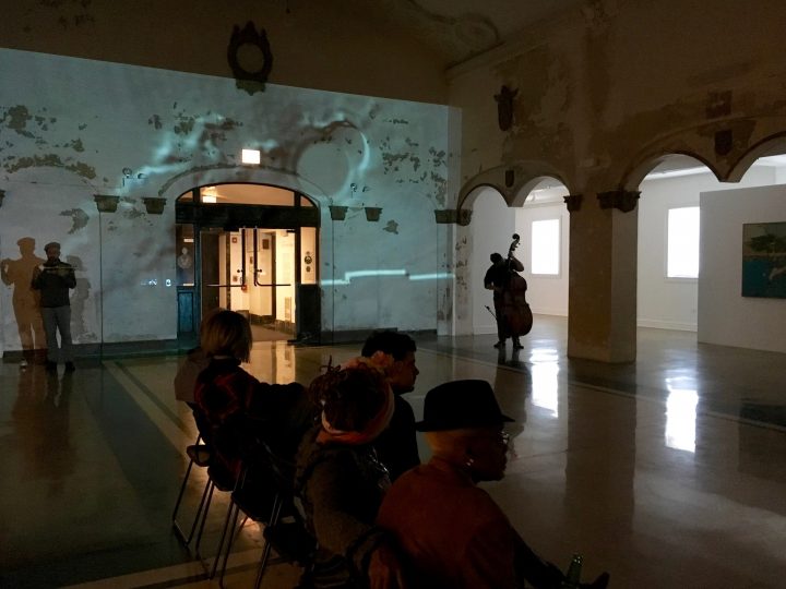 “The Sync; The Bridge #5”, May 5, 2016, with Hélary (flutes, effects, voice), Lonberg-Holm (cello, effects), Risser (piano), Sutton (bass), Gay (cornet/trumpet) & Ferrari (live video projection), performance, Stony Island Arts Bank, Chicago, Illinois USA. (image C. Maier)