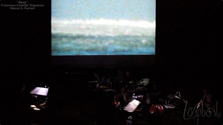 Resti (live performance), March 14, 2015, screening of the film “Resti” by Marco G. Ferrari, music composed by Francisco Castillo Trigueros, performed by the ensemble Looptail, 11 minute performance, Het Orgelpark, Amsterdam, Netherlands. Video-frame.