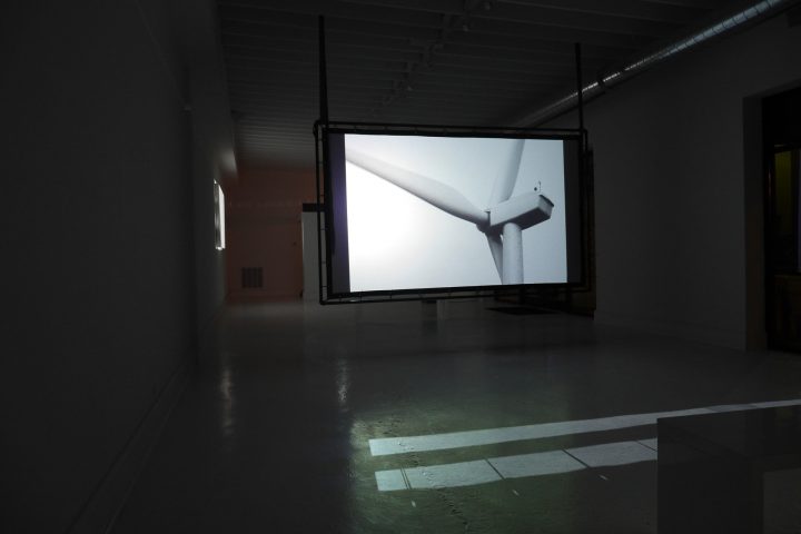 Nacelle: Installation I, 2015, one hd projector, 73” x 125” steel tubing frame, translucent pvc screen, straps, sound, 35 min. loop, Blanc Gallery, Chicago, Marco G. Ferrari (personal, collaborative, film, installation). 