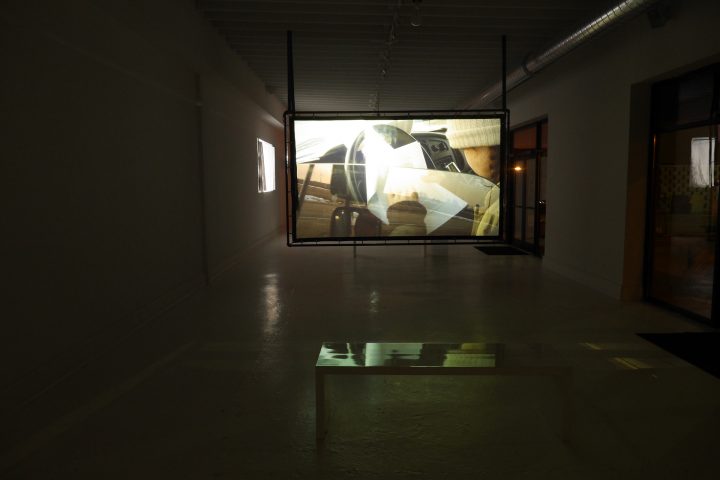 Nacelle: Installation I, 2015, one hd projector, 73” x 125” steel tubing frame, translucent pvc screen, straps, sound, 35 min. loop, Blanc Gallery, Chicago, Marco G. Ferrari (personal, collaborative, film, installation). 
